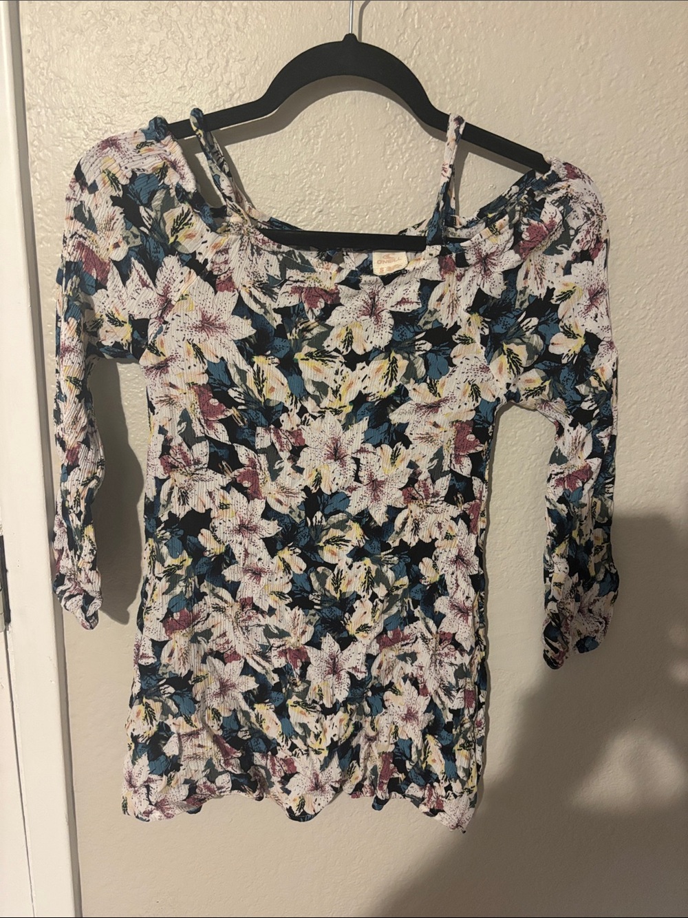 O'Neill White Floral Long Sleeve Top with Blue and Yellow Accents